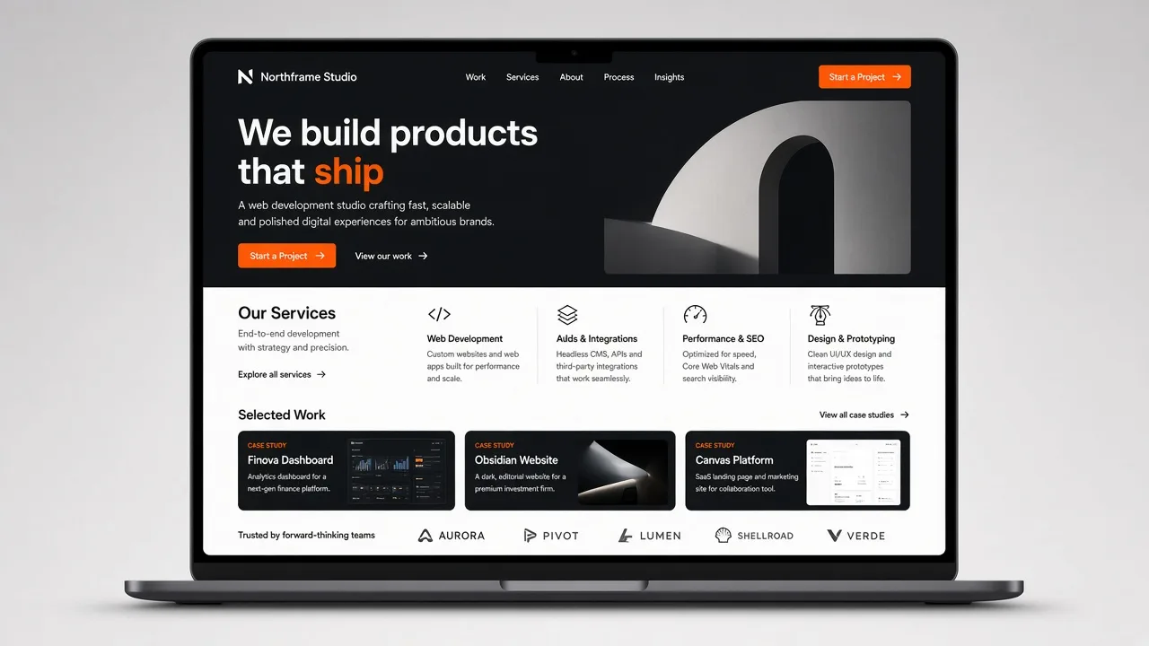 Sample web development agency landing page on a laptop