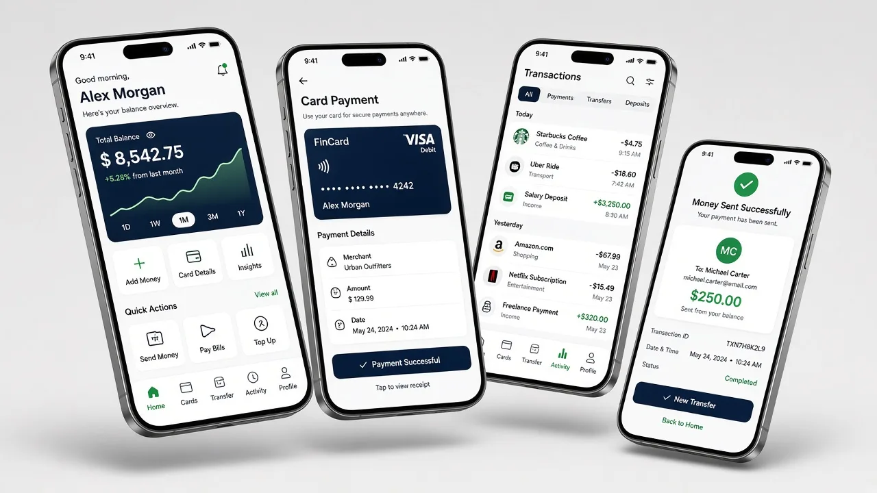 Fintech mobile app screens floating in a cluster