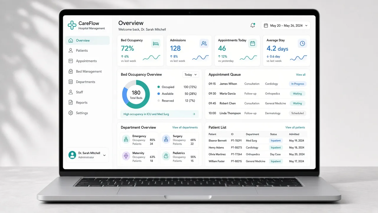 Hospital management dashboard on a laptop